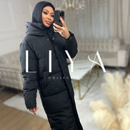 Long down jacket with hood - Black