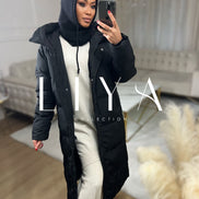 Long down jacket with hood - Black