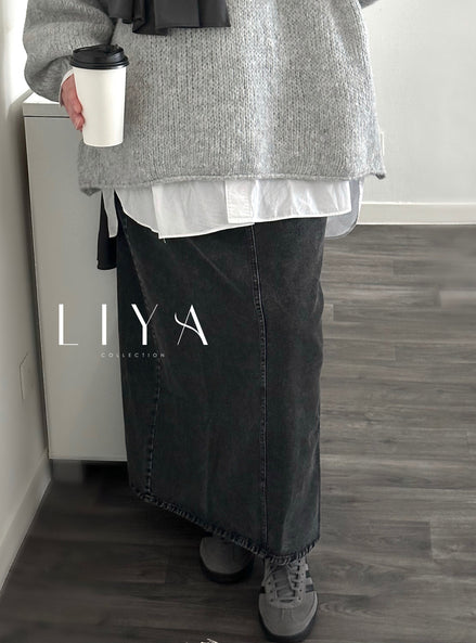 Jupe longue en jean (sans fente) - Gris